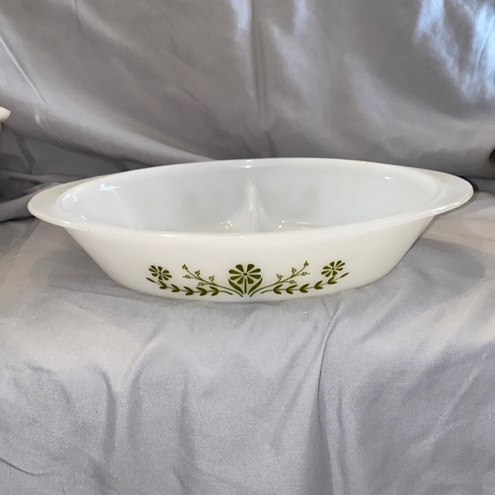 Vintage Glasbake Divided Casserole Dish Green Retro Flower Oven Proof Microwave